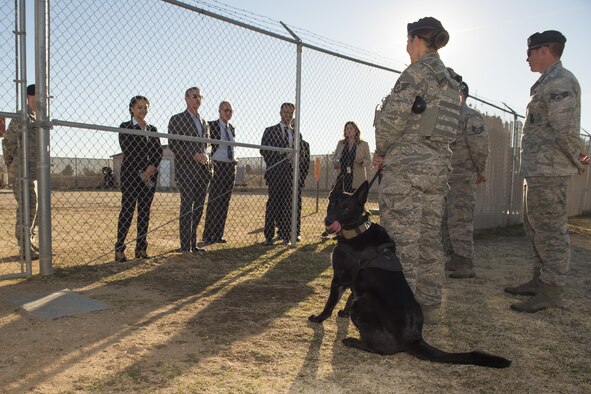 Jeff Gorell, deputy mayor for Homeland Security and Public Safety, Los Angeles, meets with working military dog handlers from the 412th Security Forces Squadron before a WMD demonstration Jan. 31. (U.S. Air Force photo by Ethan Wagner)