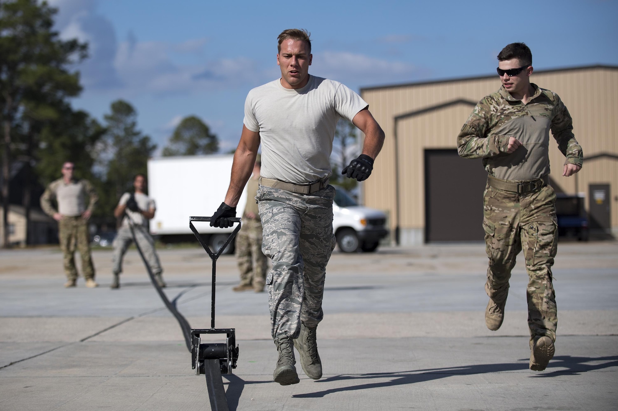 Senior Airman Kaleb Jones, 820th Combat Operations Squadron fireteam member, simulates clearing a fuel line with the 23d Logistics Readiness Squadron’s Forward Area Refueling Point team, Feb 2, 2017, at Moody Air Force Base, Ga. The FARP team demonstrated high-speed procedures and then allowed members of Emerge Moody an opportunity to beat their time. Emerge Moody is a course designed to expand Airmen’s knowledge of Moody’s overall mission and the careers that contribute to it. (U.S. Air Force photo by Airman 1st Class Daniel Snider)