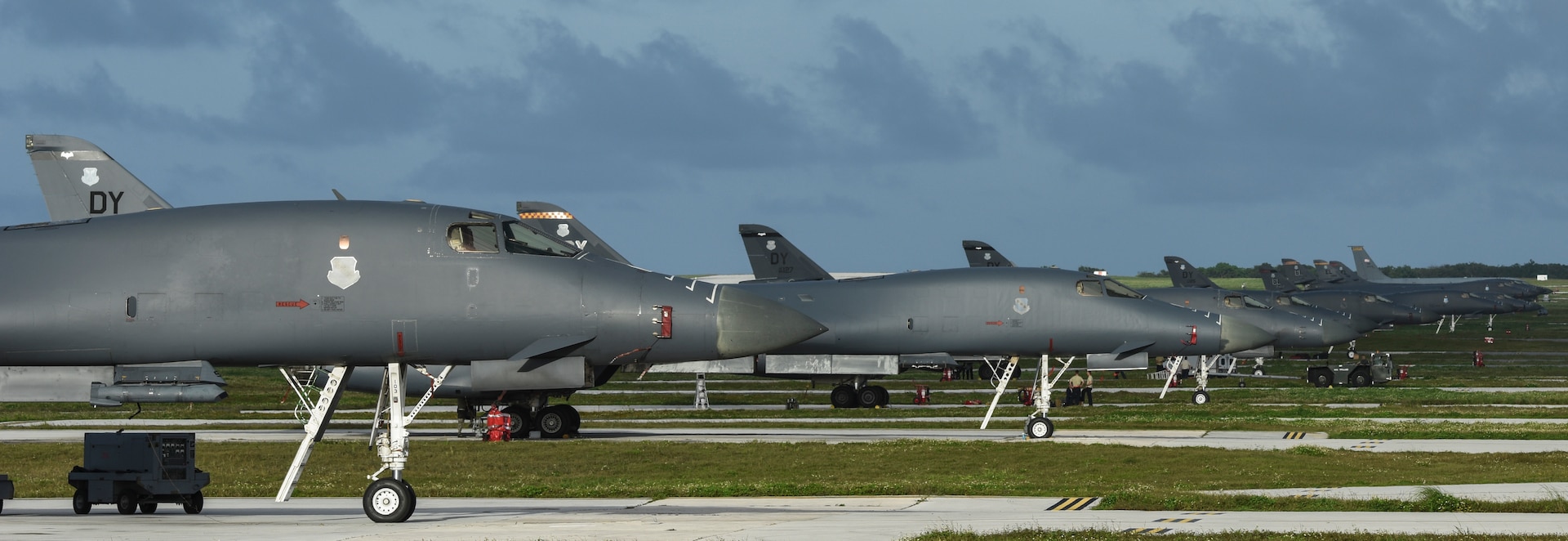 U.S. Air Force B-1B Lancers assigned to the 9th Expeditionary Bomb Squadron, deployed from Dyess Air Force Base, Texas, and the 34th EBS, assigned to Ellsworth Air Force Base, S.D., sit beside one another on the flightline Feb. 6, 2017, at Andersen AFB, Guam. The 9th EBS is taking over U.S. Pacific Command’s Continuous Bomber Presence operations from the 34th EBS. The CBP mission is part of a long-standing history of maintaining a consistent bomber presence in the Indo-Asia-Pacific in order to maintain regional stability, and provide assurance to our allies and partners in the region. 