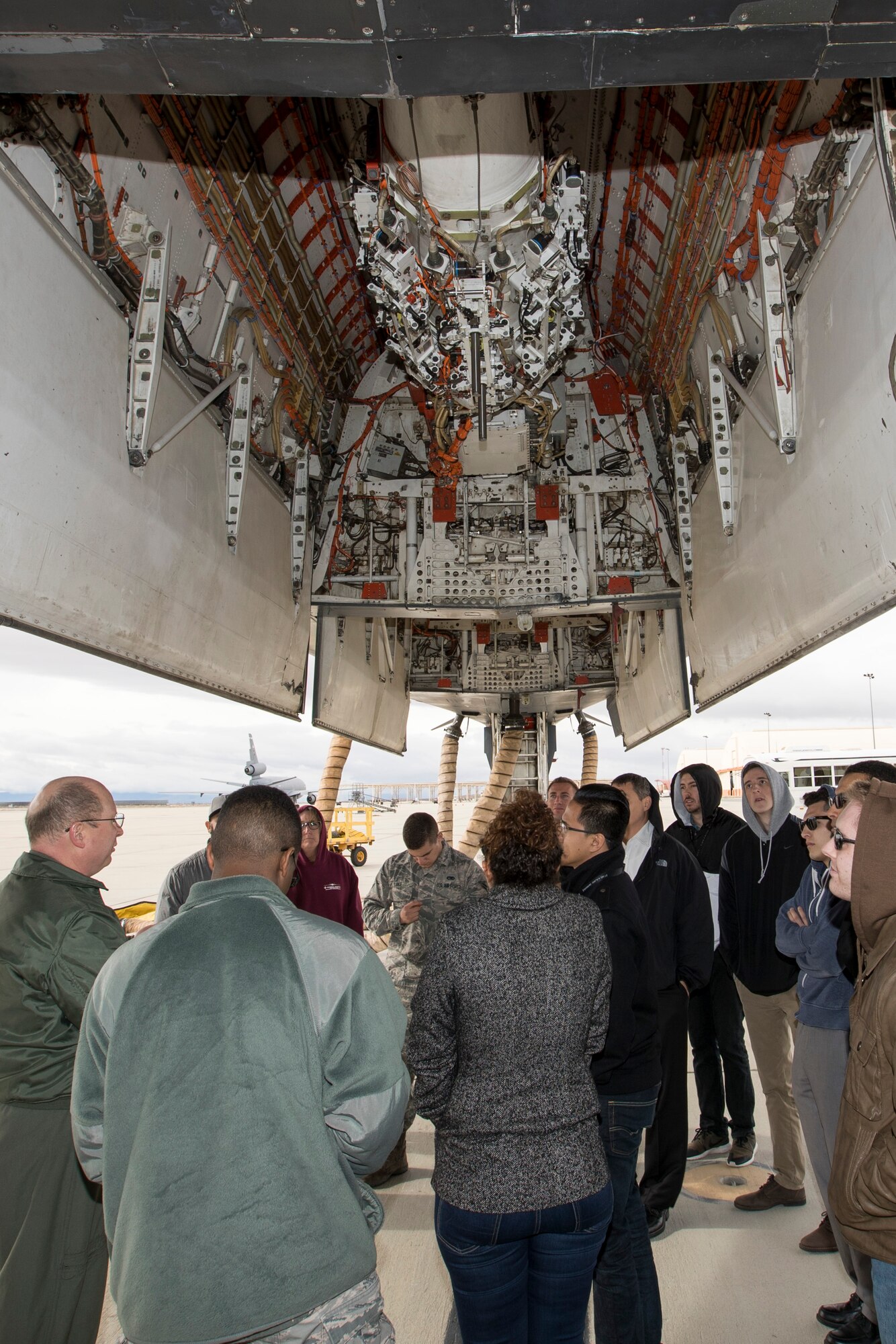 Team Edwards members have an up close view of a B-1B Lancer's bomb bay during a 419th Flight Test Squadron immersion tour Feb. 6. (U.S. Air Force photo by Christian Turner)