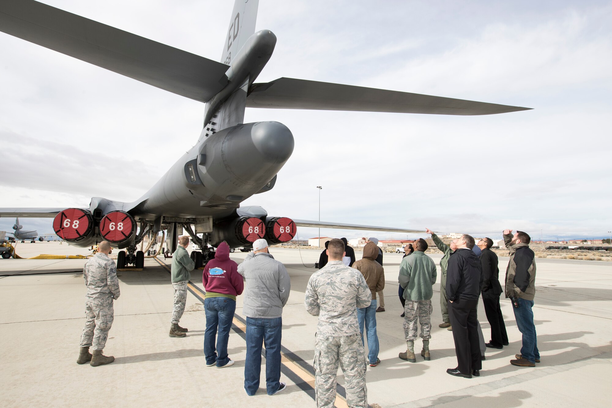 Team Edwards members behind a B-1B Lancer during a 419th Flight Test Squadron immersion tour Feb. 6. (U.S. Air Force photo by Christian Turner)