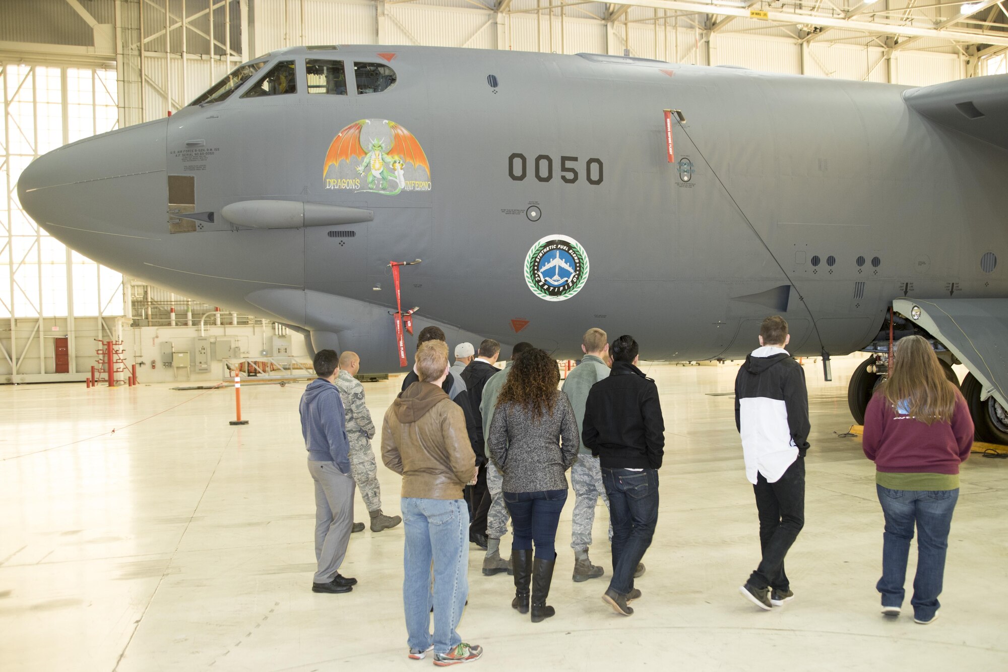 Team Edwards members have an up close view of a B-52 bomber during a 419th Flight Test Squadron immersion tour Feb. 6. (U.S. Air Force photo by Christian Turner)