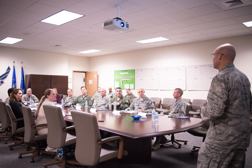 Col. Michael Manion, 403rd Wing commander, speaks to Maj. Gen. Robert LaBrutta, 2nd Air Force commander, and other attendees during a 403rd Wing immersion tour Feb. 3 at Keesler Air Force Base, Mississippi. (U.S. Air Force photo/Staff Sgt. Heather Heiney)