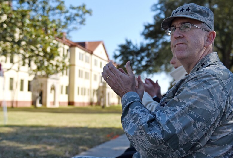 U.S. Air Force Gen. John E.  Hyten, commander of U.S. Strategic Command, attends a building dedication ceremony as part of the 8th Air Force’s 75th anniversary recognition at Barksdale Air Force Base, La., Feb. 2, 2017.  During the weeklong event, U.S. Air Force and U.K. Royal Air Force members, as well as former 8th Air Force commanders, attended events to honor past and present “Mighty Eighth” airmen. (U.S. Air Force photo by Senior Airman Erin Trower)
