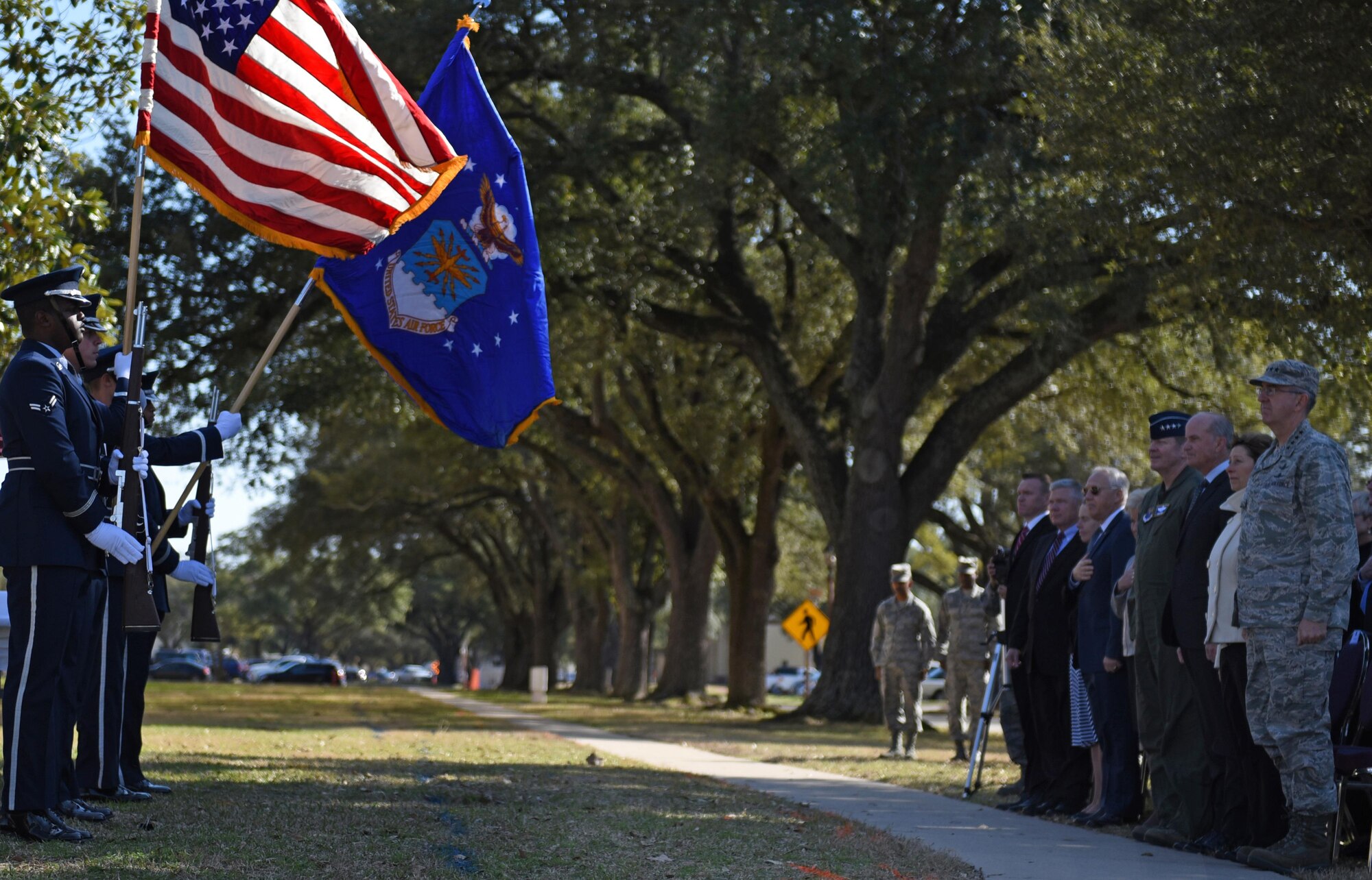 U.S. Air Force Gen. John E. Hyten, far right, commander of U.S. Strategic Command, and distinguished visitors attend the 8th Air Force headquarters building dedication ceremony at Barksdale Air Force Base, La., Feb. 2, 2017. The 8th Air Force headquarters building was named “General Doolittle Hall” in honor of Gen. James H. “Jimmy” Doolittle. During the weeklong event, U.S. Air Force and U.K. Royal Air Force members, as well as former 8th Air Force commanders, attended events to honor past and present “Mighty Eighth” airmen. (U.S. Air Force photo by Senior Airman Erin Trower)