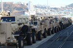 Vehicular equipment unloaded from the Green Lake vessel is stationed at Pier 8 to be staged on trucks and transported to Camp Humphreys, Feb. 6, 2017. Members of the 517th Movement Control Team continues to support rotational units. 