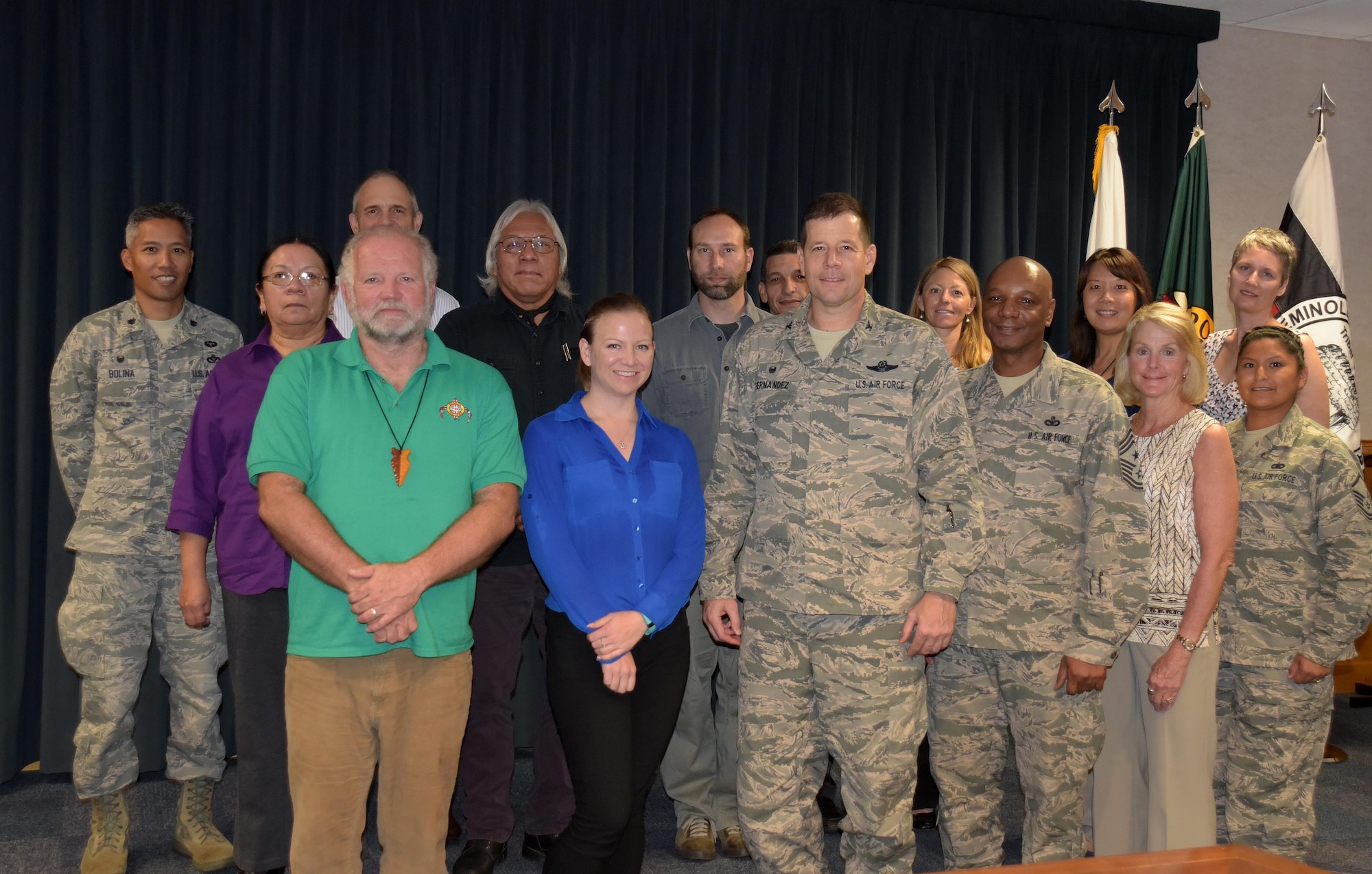 U.S. Air Force Col. Michael Hernandez, 325th Fighter Wing commander, stands with his staff and representatives from Native American tribes during the first-ever Tyndall AFB tribal historic preservation meeting Jan. 18, 2017. Base leaders discussed a number of issues with the tribal representatives, improving relations and developing plans to improve coordination and consultations in the future. (U.S. Air Force photo by 2nd Lt. Nathanael Callon/Released)