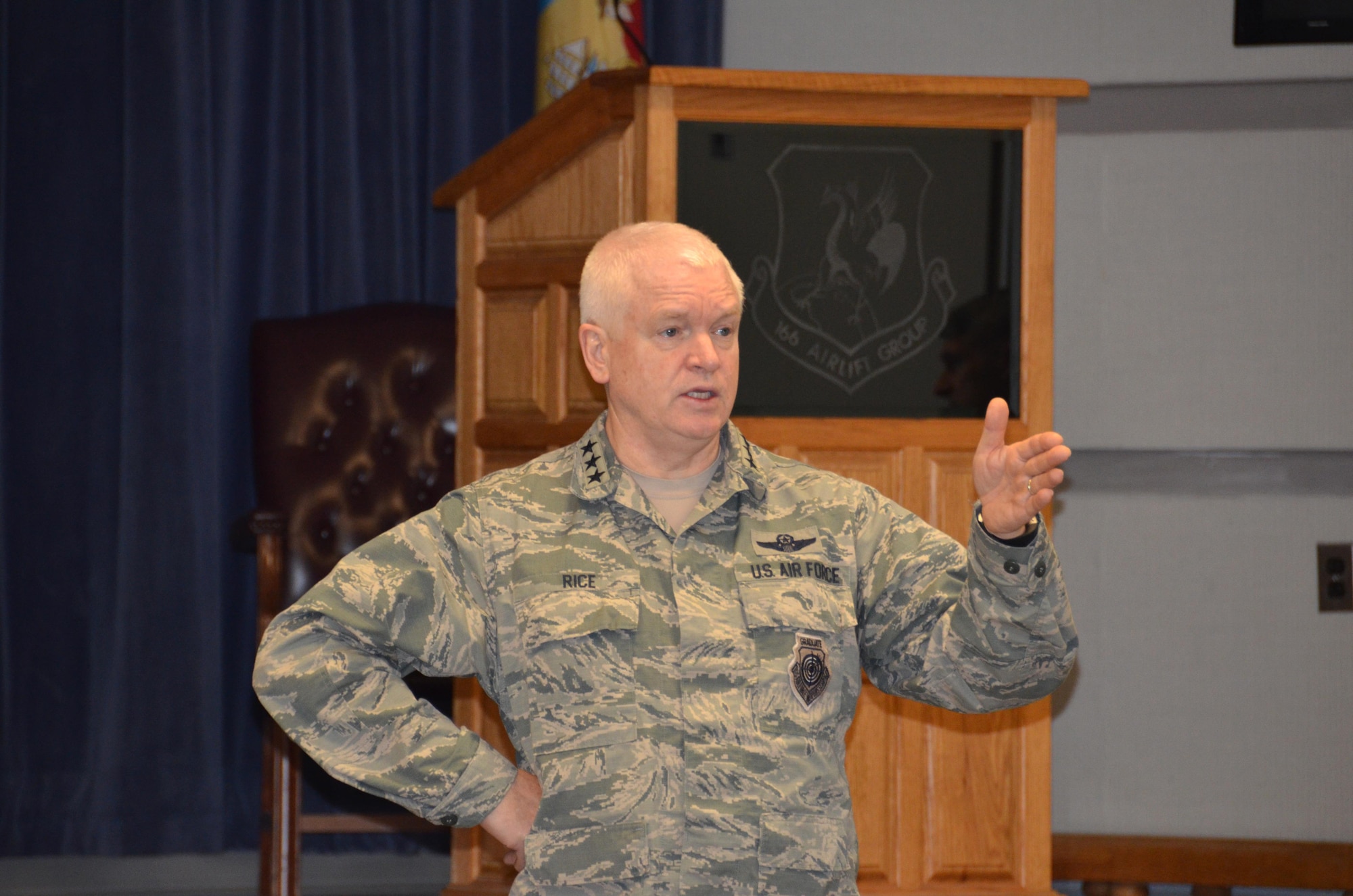 NEW CASTLE AIR NATIONAL GUARD BASE, Del.- Lt. Gen. L. Scott Rice, Director, Air National Guard, speaks to Chief Master Sergeants and enlisted senior leadership about the wave of the future for the Air National Guard on Jan., 8, 2017. Gen. Rice, and Chief Master Sgt. Ronald C. Anderson, Command Chief Master Sergeant, Air National Guard visited the Delaware Air National Guard Base on Jan. 7-8, 2016 during the January Regularly Scheduled Drill weekend. The distinguished guests met with members of multiple organizations on base and leadership. (U.S. Air National Guard photo by Tech. Sgt. Gwendolyn Blakley/ Released.