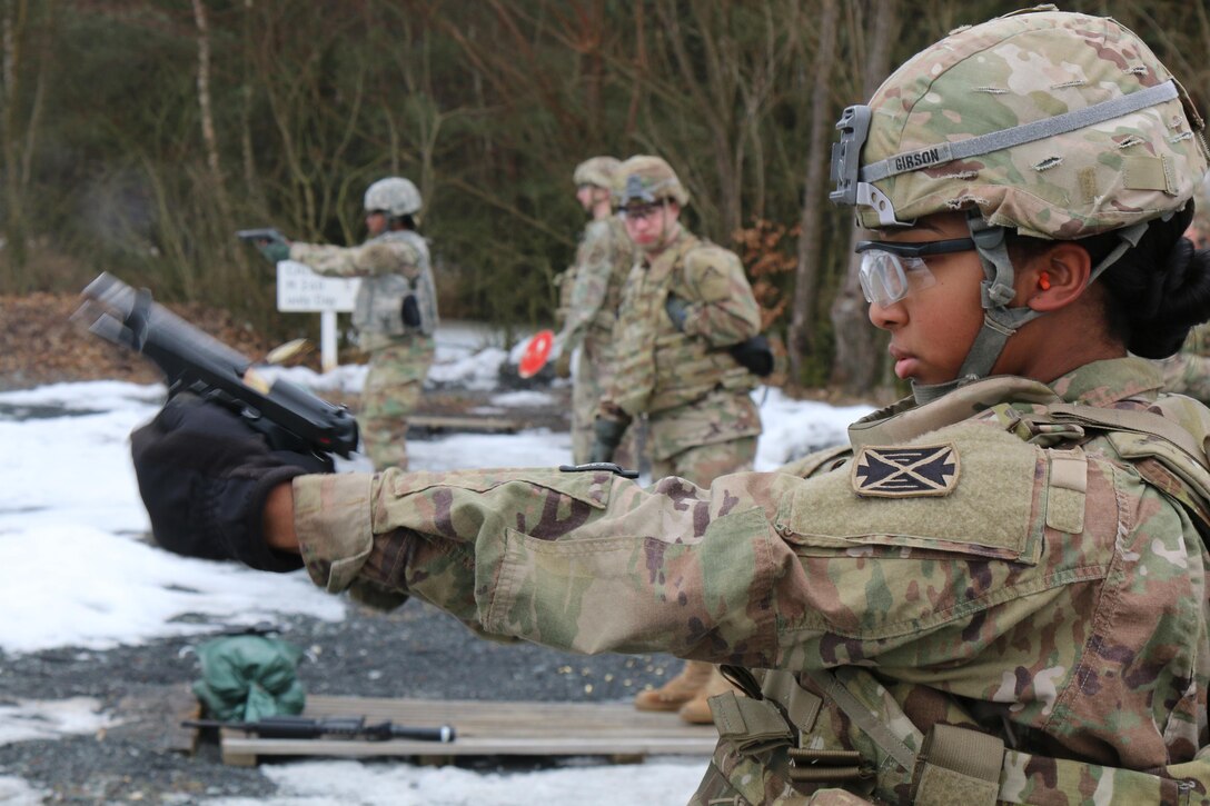 A soldier participates in a small arms trainer course at the Grafenwoehr Training Area in Germany, Feb. 7, 2016. The course gives combat and support soldiers hands-on training to serve as subject matter experts in the use of various weapons and assist their commanders in planning range exercises for unit readiness training. Army photo by Sgt. Kenneth Reed