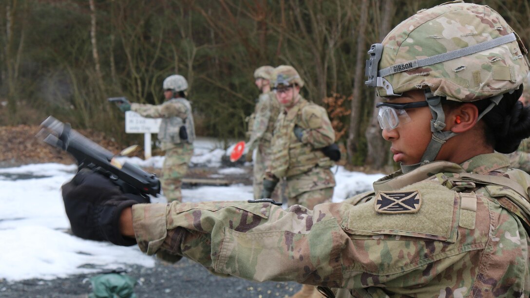 A soldier participates in a small arms trainer course at the Grafenwoehr Training Area in Germany, Feb. 7, 2016. The course gives combat and support soldiers hands-on training to serve as subject matter experts in the use of various weapons and assist their commanders in planning range exercises for unit readiness training. Army photo by Sgt. Kenneth Reed
