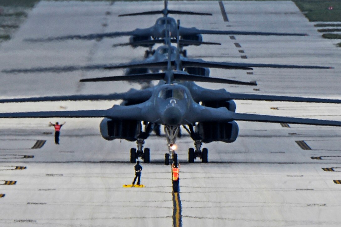 Four Air Force B-1B Lancers arrive at Andersen Air Force Base, Guam, Feb. 6, 2017, to take over U.S. Pacific Command’s continuous bomber presence operations from the 34th Expeditionary Bomb Squadron. The Lancers are assigned to the 9th Expeditionary Bomb Squadron. Air Force photo by Tech. Sgt. Richard P. Ebensberger
