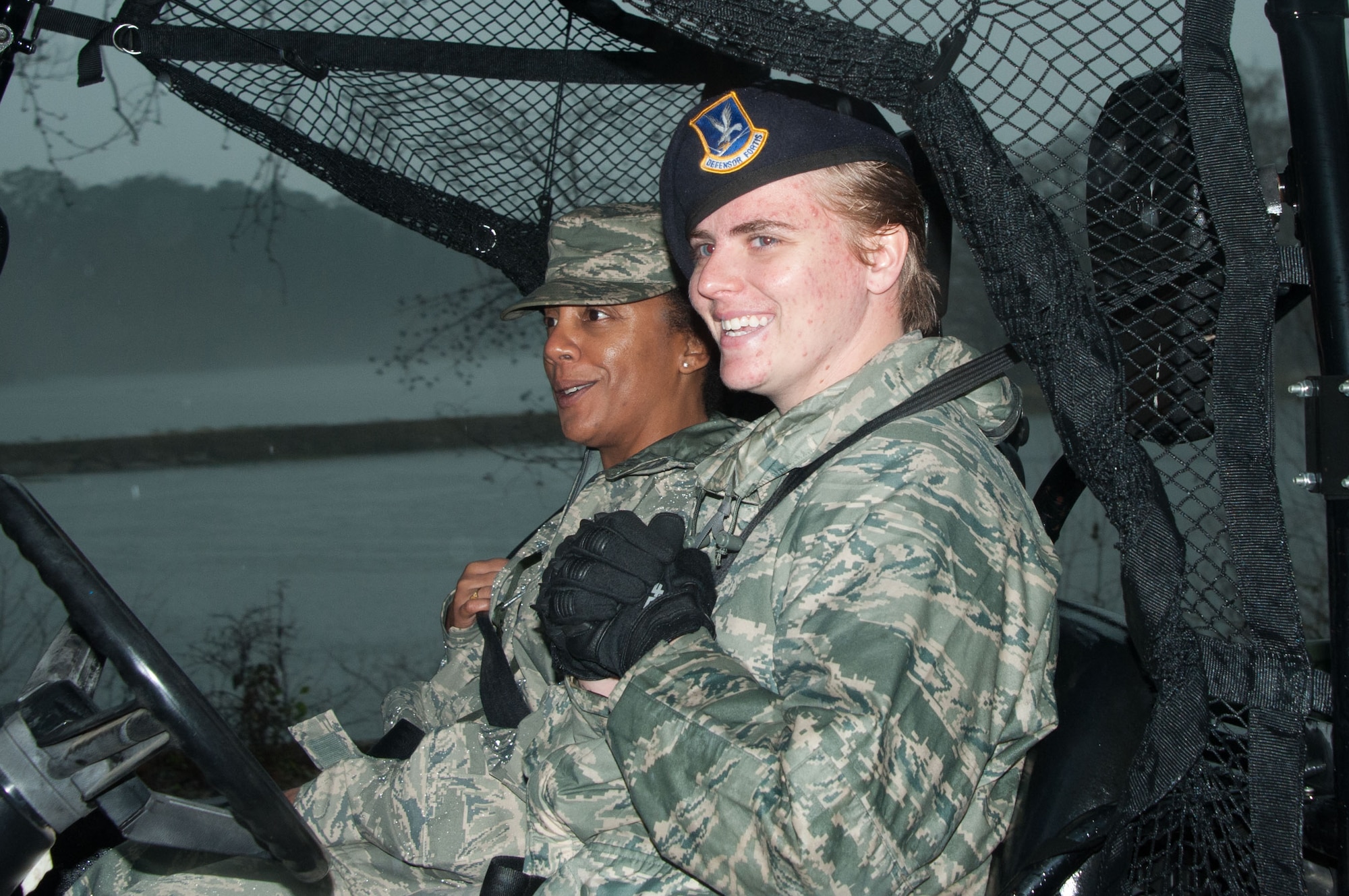 Chief Master Sgt. Erica Shipp, 42nd Air Base Wing command chief, and Staff Sgt. Brooke Verbrigghe, 42nd Security Forces Squadron supply noncommissioned officer, ride in an all terrain vehicle on Maxwell Air Force Base, Ala., Feb. 07, 2017.  The tour is the first of a bi-monthly “Crusader Experience” that 42nd Air Base Wing commander Col. Eric Shafa and Chief Shipp will participate in over the next year.  The intent of the program is to allow wing leadership to spend an hour or two with each wing organization, get a closer look at what they do, and meet the Airmen and civilians working hard to carry out their missions every day(US Air Force photo by Bud Hancock)