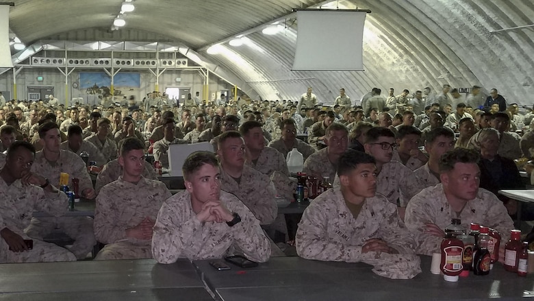 Marines and sailors participating in training watch Super Bowl LI during the Palm Springs Bob Hope USO hosted showing of the Super Bowl at the dining facility at Camp Wilson aboard Marine Corps Air Ground Combat Center, Twentynine Palms, Calif., Feb. 5, 2017. (U.S. Marine Corps photo by Cpl. Levi Schultz)