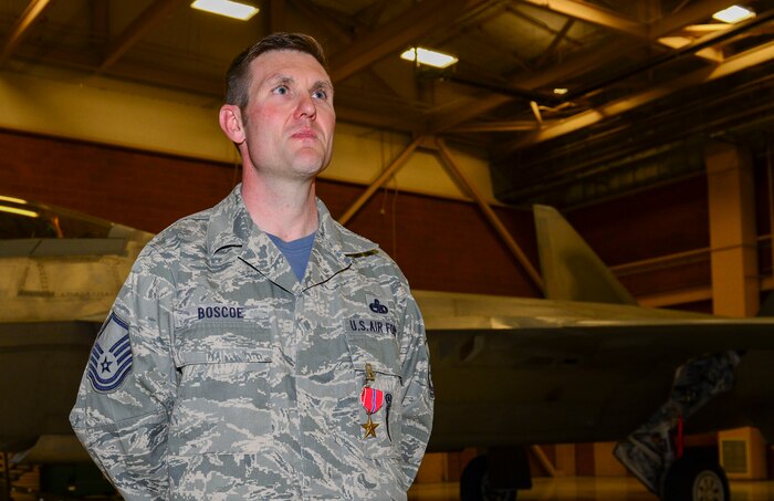 Master Sgt. Christopher Boscoe, 57th Aircraft Maintenance Squadron F-22 weapons section chief, poses for a photo after being awarded the Bronze Star Medal at Nellis Air Force Base, Nevada, Feb. 3, 2017. He was awarded the medal for his actions as a weapon system advisor in support of Operation Freedom Sentinel at Forward Operating Base Oqab, Kabul, Afghanistan from Oct. 4, 2015 to Sept. 28, 2016.