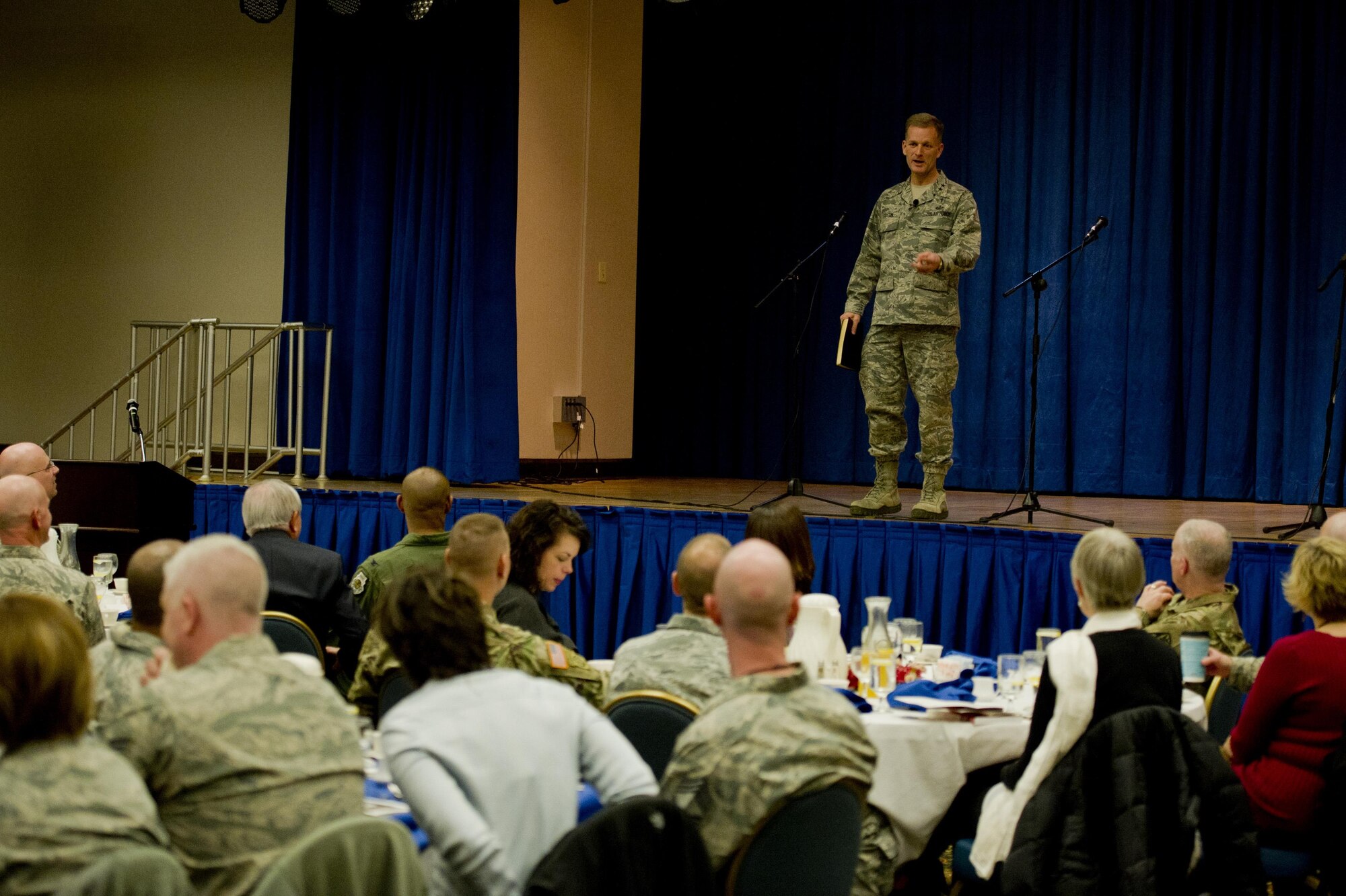 U.S. Air Force Chap. (Maj. Gen.) Dondi Costin, Air Force Chief of Chaplains, speaks during the Osan National Prayer Breakfast 2017 at Osan Air Base, Republic of Korea, Feb. 8, 2017. Costin was the guest speaker for the event and delivered his “Faith Works” presentation. (U.S. Air Force photo by Staff Sgt. Jonathan Steffen)