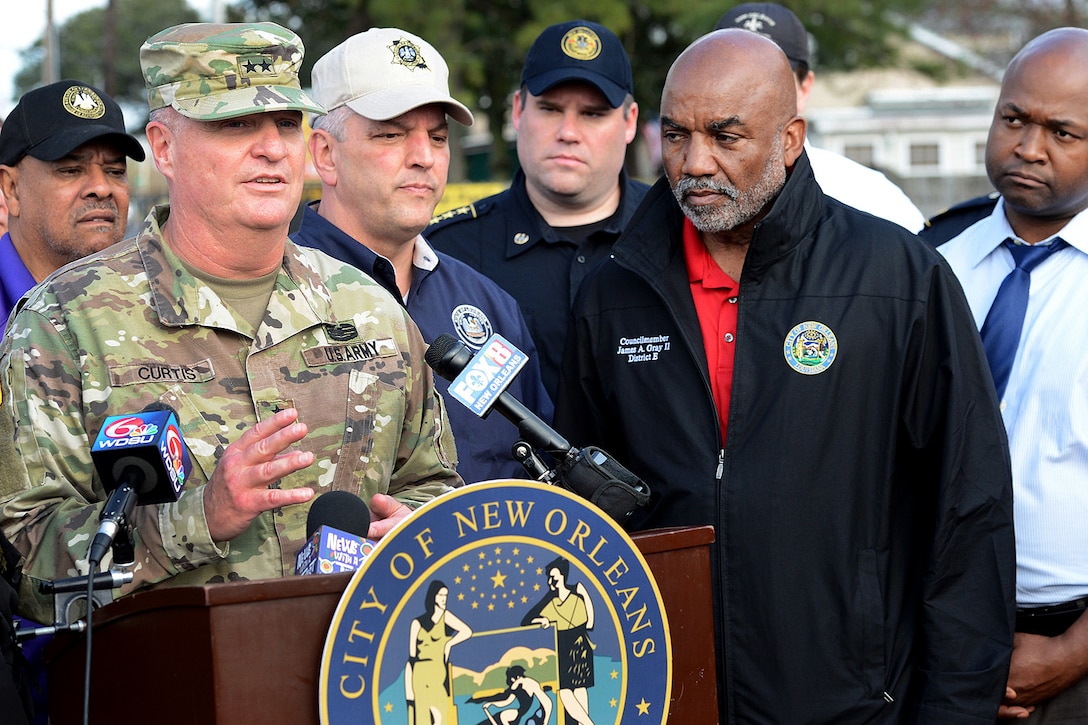 Army Major Gen. Glenn H. Curtis, left, adjutant general of the Louisiana National Guard, speaks to the media during a news conference to describe the support that the National Guard will provide to the city of New Orleans, Feb. 8, 2017. About 150 National Guardsmen were mobilized at the direction of Louisiana Governor John Bel Edwards after several tornadoes hit southeast Louisiana on Feb. 7. Louisiana Air National Guard photo by Master Sgt. Toby Valadie