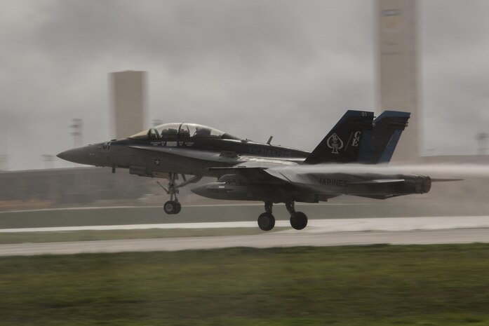 An F/A-18D Hornet with Marine All-Weather Fighter Attack Squadron (VMFA) – 225 begins its ascent during exercise Cope North at Andersen Air Force Base, Guam, Feb. 9, 2017. The Marines loaded live air intercept missile – 120 advanced medium-range air-to-air missiles (AIM-120 AMRAAM) to F/A-18D Hornets to be fired at decoys down range. (U.S. Marine Corps photos by Cpl. Nathan Wicks)