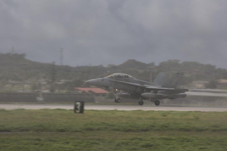 An F/A-18D Hornet with Marine All-Weather Fighter Attack Squadron (VMFA) – 225 begins its ascent during exercise Cope North at Andersen Air Force Base, Guam, Feb. 9, 2017. The Marines loaded live air intercept missile – 120 advanced medium-range air-to-air missiles (AIM-120 AMRAAM) to F/A-18D Hornets to be fired at decoys down range. (U.S. Marine Corps photos by Cpl. Nathan Wicks)