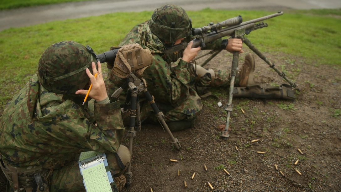 Soldiers with the Japanese Ground Self-Defense Force, Western Army Infantry Regiment, fire the M24 Sniper Rifle in pairs during a known distance range conducted by Marines with 1st Marine Division Schools ‘Pre-Scout Sniper Course’ during Exercise Iron Fist 2017, aboard Camp Pendleton, Feb. 7, 2017. The range consisted of firing the M24 Sniper Rifle in pairs, one as the spotter, the other shooting at targets from 100 to 550 meters away. Iron Fist is an annual, bilateral training exercise where U.S. and Japanese service members train together and share techniques, tactics and procedure to improve their combined operational capabilities.