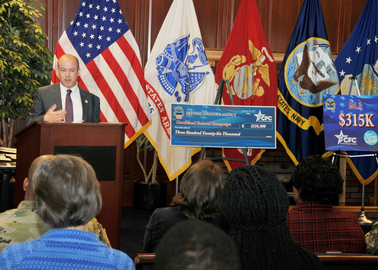 Curtis Rumbaugh, branch chief of Voluntary Campaigns for the Department of Defense Washington Headquarters Services, discusses changes to the 2017 Combined Federal Campaign during a DLA CFC awards ceremony in the McNamara Headquarters Complex, Fort Belvoir, Virginia, Feb. 9.
