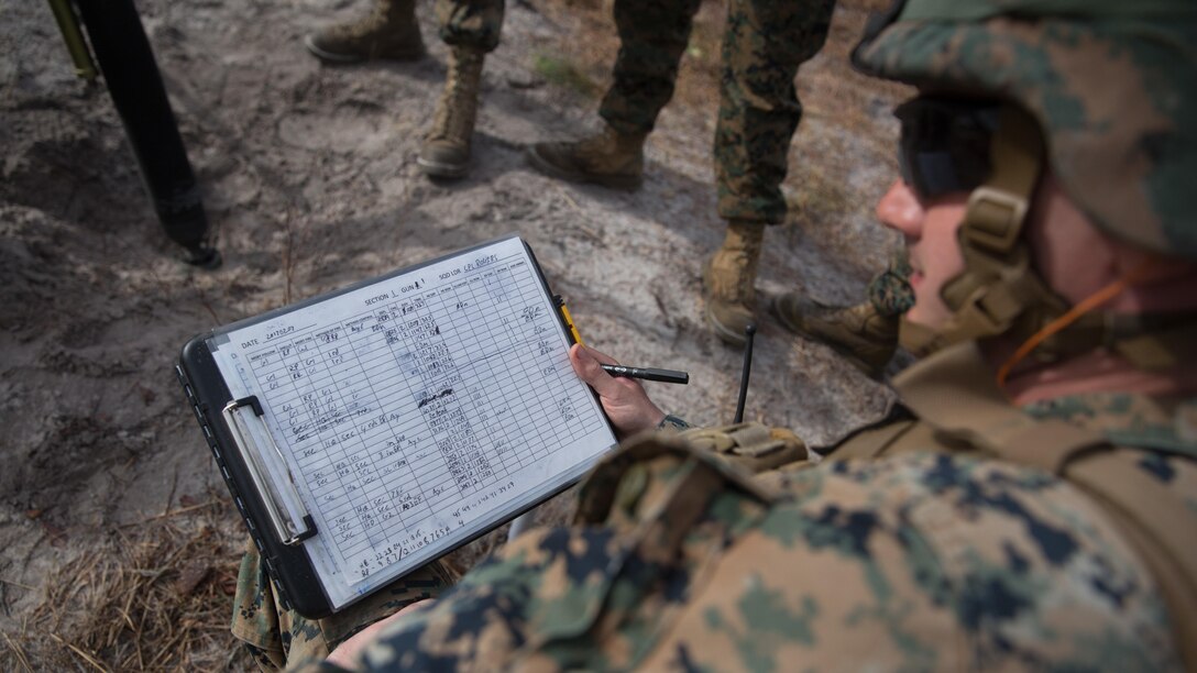 A Marine with Weapons Co., 2nd Battalion, 6th Marine Regiment, maintains a log of firing missions for mortar team one at Camp Lejeune, N.C., Feb. 8, 2017. The Marines fired off red phosphorous and high explosive rounds during a training exercise where they were able to coordinate with Expeditionary Warfare Training Group Atlantic during their qualification training for Joint Terminal Attack Controllers.