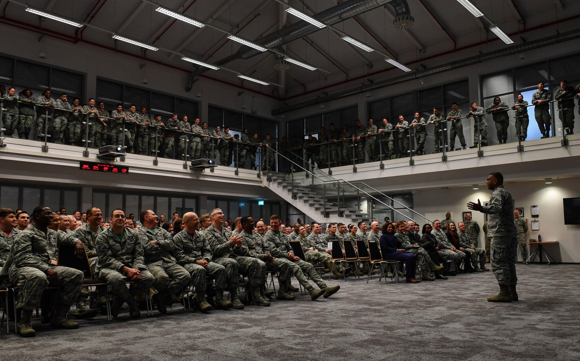 Lt. Gen. Richard M. Clark, 3rd Air Force commander, speaks to Airmen at a commander’s call during an immersion tour of the 435th Air Ground Operations Wing at Ramstein Air Base, Germany, Feb. 3, 2017. Clark emphasized the importance of finding a balance between caring for family and completing the mission. (U.S. Air Force photo by Senior Airman Tryphena Mayhugh) 