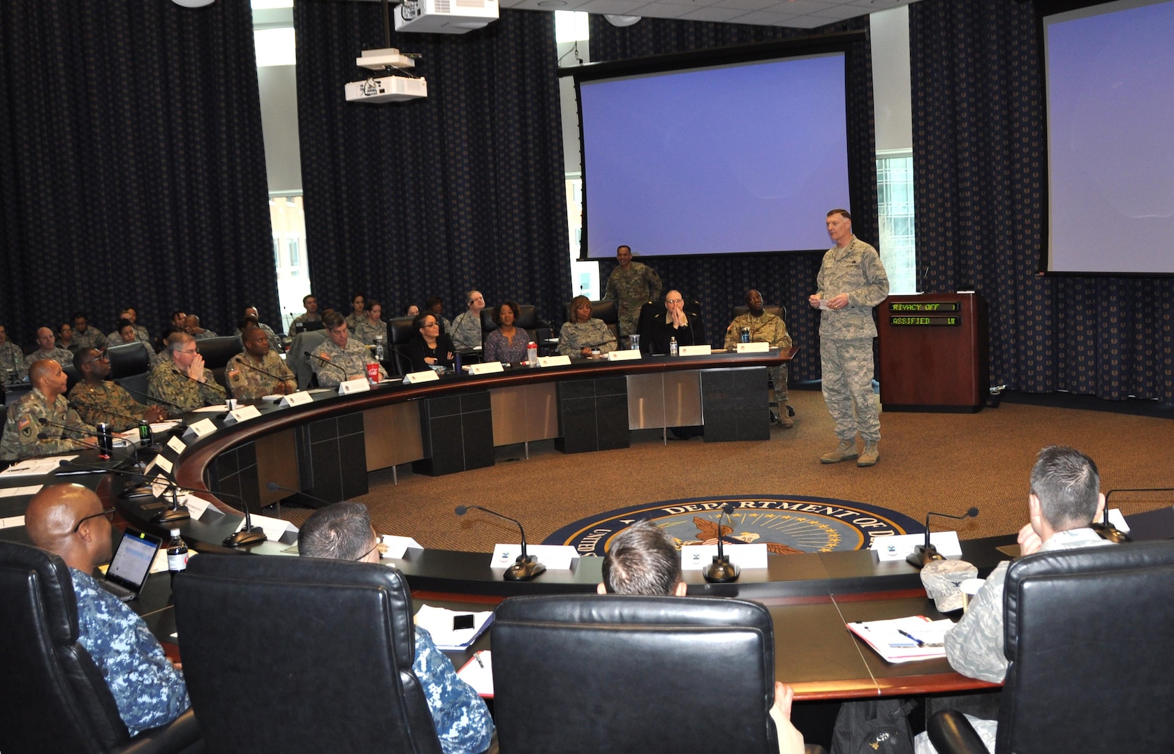 DLA Director Air Force Lt. Gen. Andy Busch addresses Air Force Individual Mobilization Augmentees and the DLA Joint Reserve Force staff at the IMA All-Call event Feb. 3, 2017. 