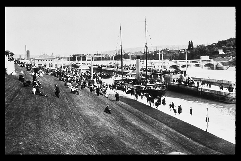 Opening day, July 4, 1917, of the Government Locks in Seattle. Later renamed the Hiram M. Chittenden Locks, the U.S. Army Corps of Engineers are kicking off the Centennial commemoration with songwriting performances and historical displays President's Day weekend, 10 a.m. to 3 p.m., February 18 thorugh 20.