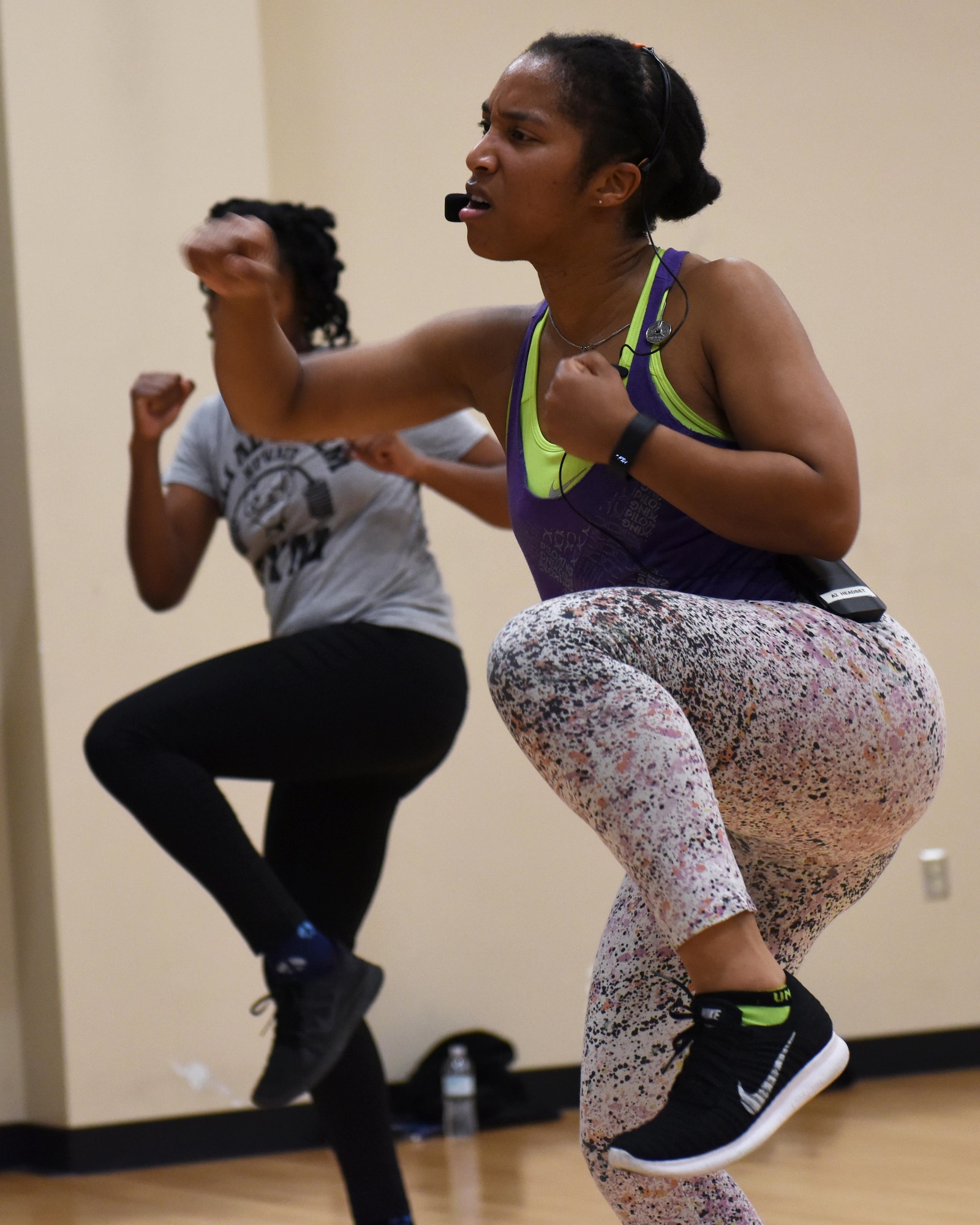 Kimber Webb, a piloxing fitness instructer, instructs a piloxing class at the Whiteman Air Force Base, Missouri, fitness center Feb. 7, 2017. The piloxing class is fusion of boxing and standing pilates, which helps participants improve their balance and posture, and strengthen and lengthen muscles, while improving their cardiovascular ability.