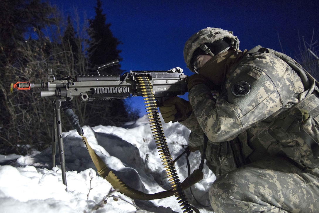 Army Pfc. Rolando Mendez conducts force protection training at Joint Base Elmendorf-Richardson, Alaska, Feb. 2, 2017. Mendez is assigned to the 574th Composite Supply Company. Air Force photo by Alejandro Pena