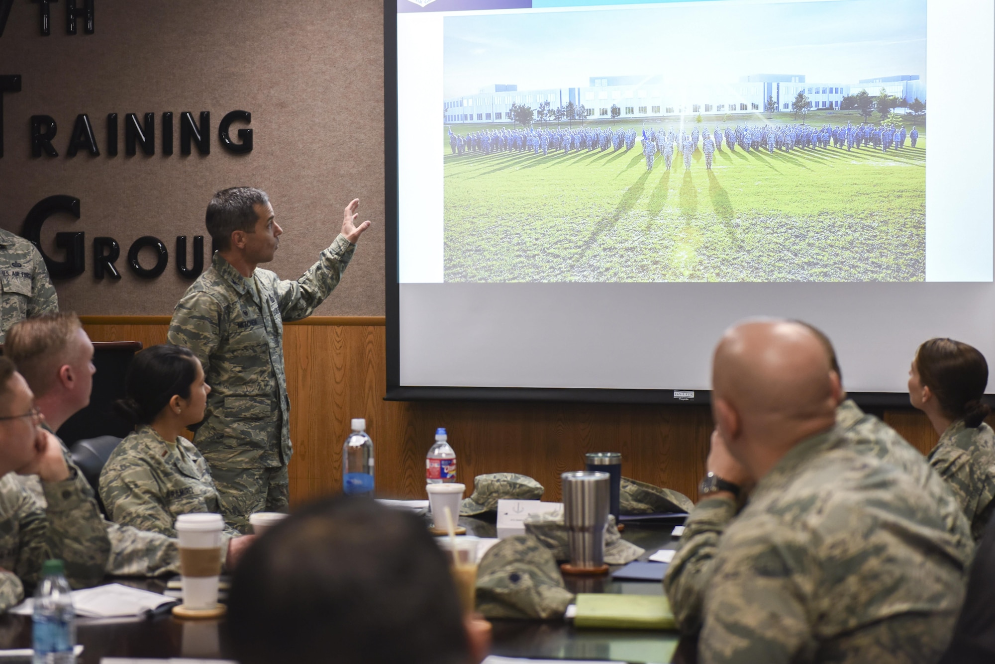U.S. Air Force Col. Mark Mitchem, 480th Intelligence, Surveillance and Reconnaissance Group Commander, briefs Goodfellow members about the 480th ISR Group at the Brandenburg Hall on Goodfellow Air Force Base, Texas, Feb. 9, 2017. The 480th Intelligence, Surveillance and Reconnaissance Group is located at Fort Gordon in Georgia. (U.S. Air Force photo by Airman 1st Class Chase Sousa/Released)
