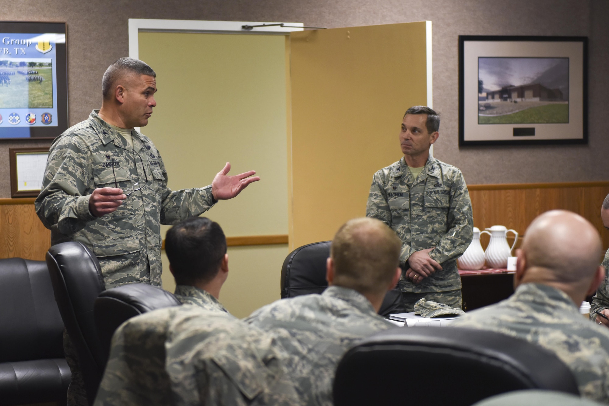 U.S. Air Force Col. Alejandro Ganster, 17th Training Group Commander, introduces Col. Mark Mitchem, 480th Intelligence, Surveillance and Reconnaissance Group Commander, at the Brandenburg Hall on Goodfellow Air Force Base, Texas, Feb. 9, 2017. Mitchem visited as part of an effort to line up resiliency training for first-term Airmen. (U.S. Air Force photo by Airman 1st Class Chase Sousa/Released)