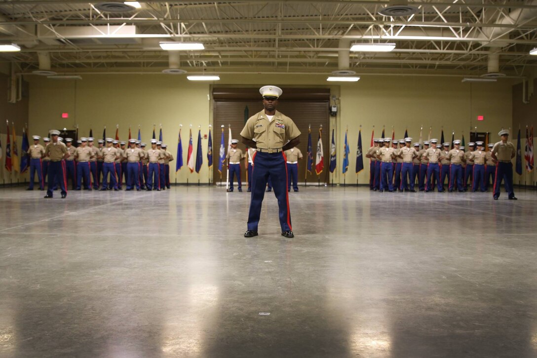 Marines with Recruiting Station Riverside stand in formation during the Activation Ceremony for RS Riverside Sept. 30. 