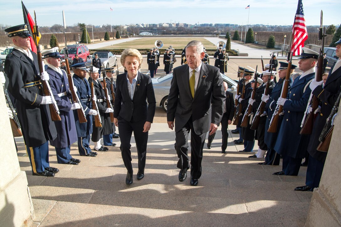 Defense Secretary Jim Mattis welcomes German Defense Minister Ursula von der Leyen with an enhanced honor cordon as she arrives at the Pentagon, Feb. 10, 2017. DoD photo by Air Force Staff Sgt. Jette Carr
