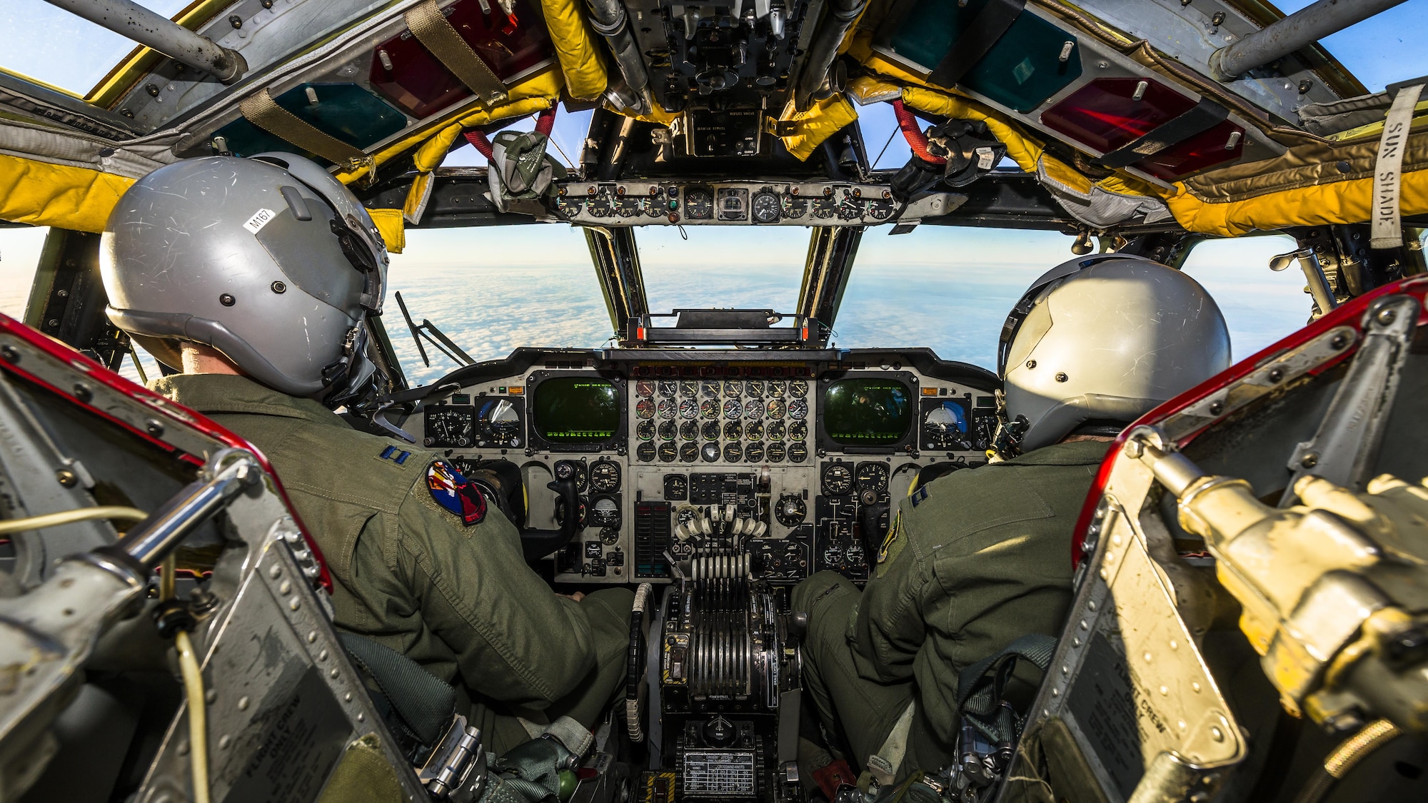 A B-52H Stratofortress soars above the clouds over North Dakota, Jan. 31, 2017.  During the mission, the crew ran simulated close air support scenarios, helping them better communicate and work together as a team. (U.S. Air Force photo/Senior Airman J.T. Armstrong)