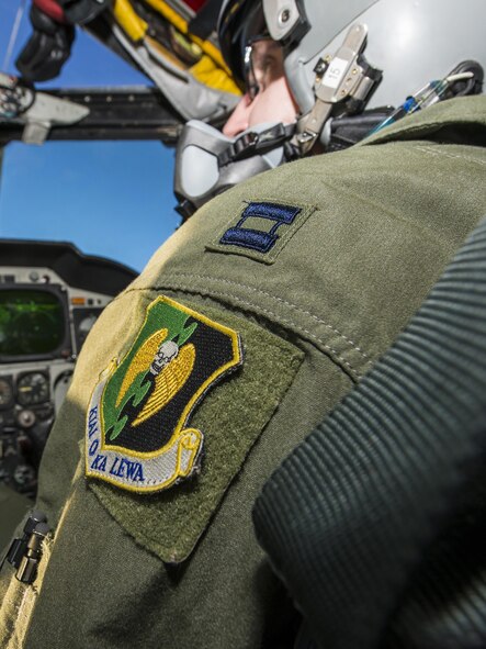 A 5th Bomb Wing patch ornaments the shoulder of Capt. Jonathan Gabriel, 23rd Bomb Squadron aircraft commander, Jan. 31, 2017.  The patch reads, “Kiai O Ka Lewa,” translating to, “Guardians of the Upper Realm.” (U.S. Air Force photo/Senior Airman J.T. Armstrong)