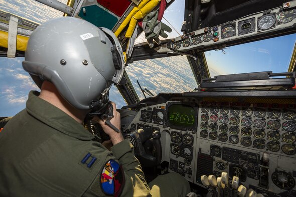 Capt. Dane Weathers, 23rd Bomb Squadron aircraft commander, pilots a B-52H Stratofortress above the clouds of North Dakota, Jan. 31, 2017. Weathers and Capt. Jonathan Gabriel, 23rd BS aircraft commander, relied on their offensive and defensive team to successfully complete their training mission. (U.S. Air Force photo/Senior Airman J.T. Armstrong)