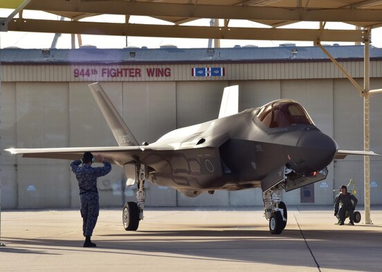 An F-35A flown by Lt. Col. Nakano, Japan Air Self-Defense Force national representative pilot to Luke, prepares to depart Feb. 7 on his first solo sortie at Luke Air Force Base, Ariz. (U.S. Air Force photo taken by Tech. Sgt. Louis Vega Jr.)