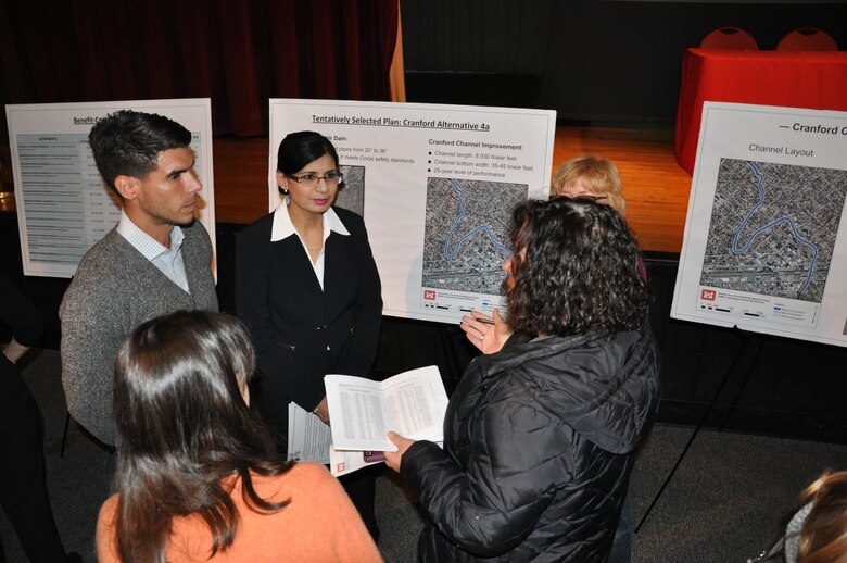 U.S. Army Corps of Engineers New York District personnel discuss Rahway River Basin Flood Risk Management Feasibility Study plans with residents from the Union County area of New Jersey at the Public Information Meeting January 11, 2017. 