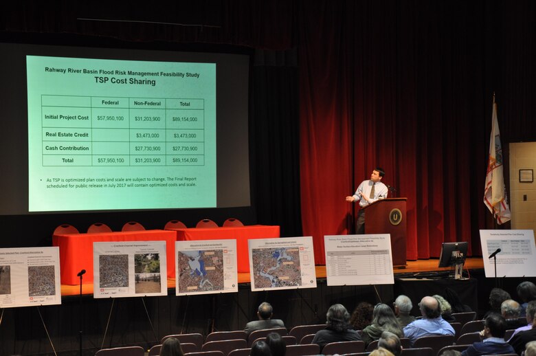 Aleksander Petersen, project planner, U.S. Army Corps of Engineers, New York District, gives a presentation on the Draft Intergated Feasibility Report and Environmental Impact Statemnet for the Rahway River Basin Flood Risk Management Study in the Township of Cranford, N.J., January 12, 2017. 