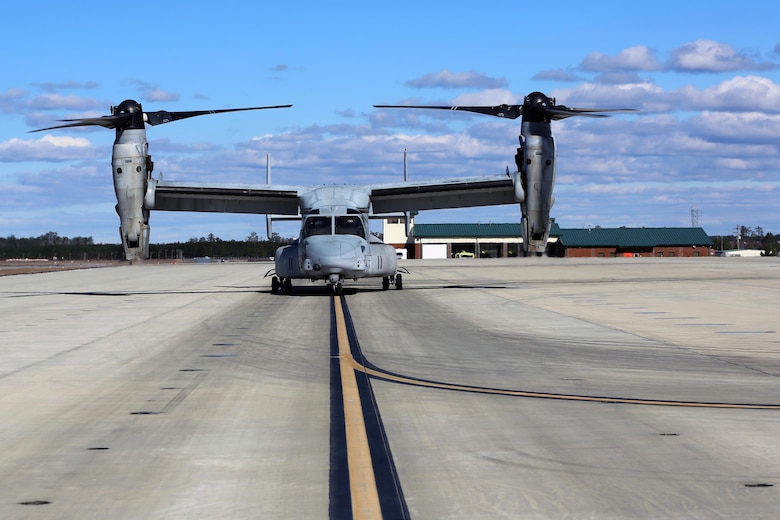 An MV-22 Osprey taxis across the flight line aboard Marine Corps Marine Corps Air Station New River, N.C., Feb. 9, 2017. The MV-22 Osprey has been an operational asset to the Marine Corps for over a decade. Typically, Osprey pilots conduct missions such as transporting external loads, aerial deliveries, low altitude tactics and putting troops on the ground. (U.S. Marine Corps photo by Cpl. Mackenzie Gibson/Released)