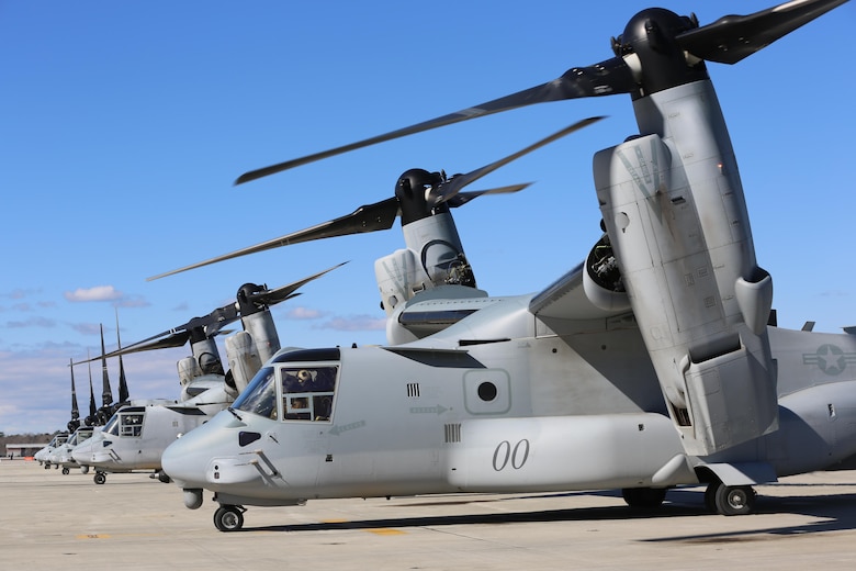 Two MV-22 Ospreys return after conducting training aboard Marine Corps Marine Corps Air Station New River, N.C., Feb. 9, 2017. The MV-22 Osprey has been an operational asset to the Marine Corps for over a decade. Typically, Osprey pilots conduct missions such as transporting external loads, aerial deliveries, low altitude tactics and putting troops on the ground. (U.S. Marine Corps photo by Cpl. Mackenzie Gibson/Released)