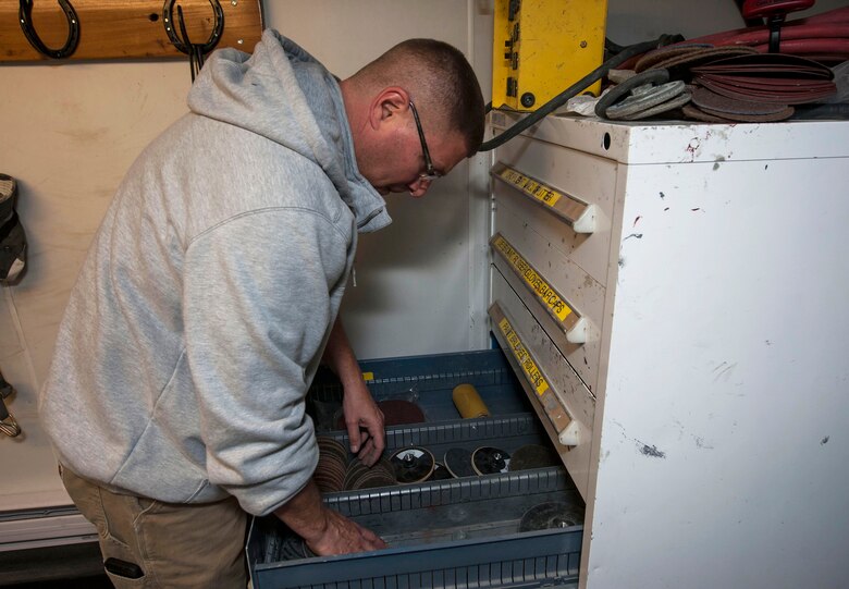 Michael LaBonte, 91st Missile Maintenance Squadron corrosion control work leader, inspects a corrosion trailer at Minot Air Force Base, N.D., Feb. 2, 2017. The corrosion control team dispatches out to the missile fields to remove any corrosion that cannot be removed in the shop. (U.S. Air Force photo/Airman 1st Class Jonathan McElderry)