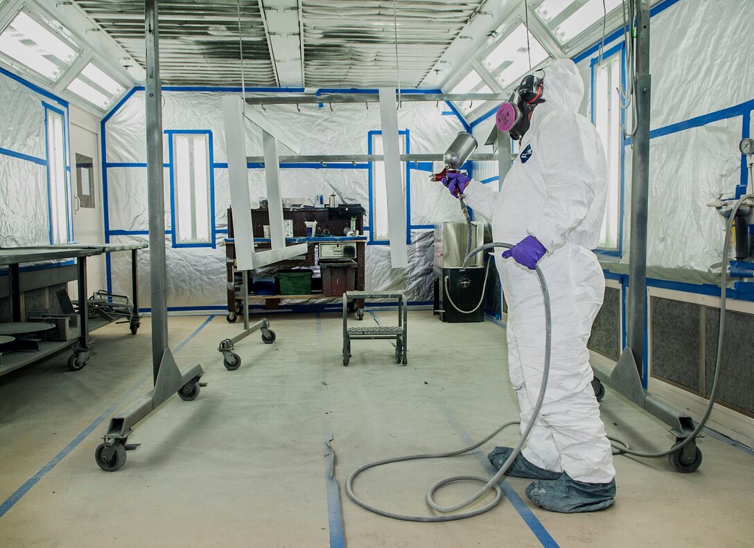 Gerald Ferdon, 91st Missile Maintenance Squadron corrosion control specialist, paints a panel mod stand at Minot Air Force Base, N.D., Feb. 2, 2017. Members of the 91st Missile Maintenance Squadron corrosion control team minimize the effects of corrosion on equipment used at the 91st missile sites. (U.S. Air Force photo/Airman 1st Class Jonathan McElderry)