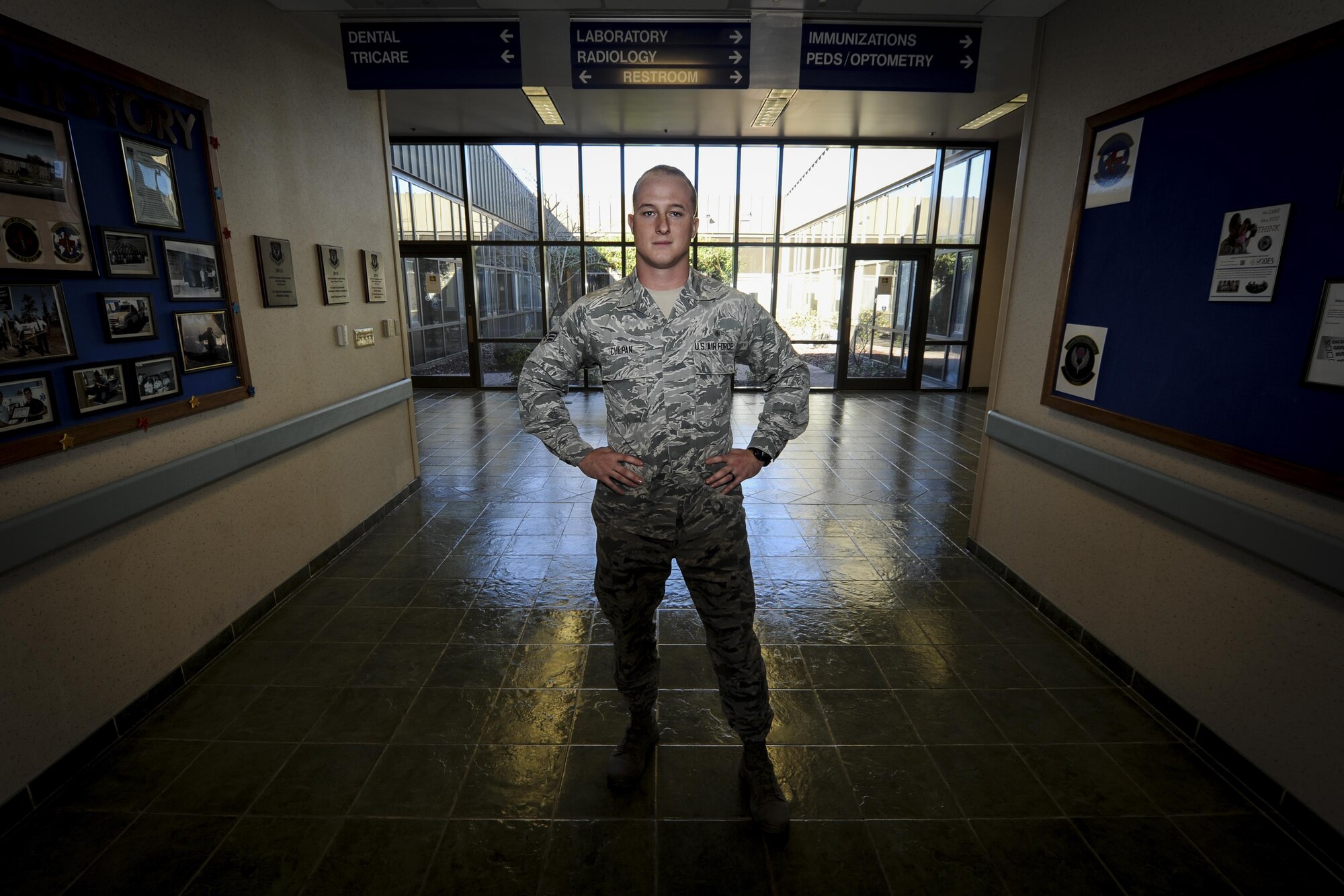 Senior Airman Brandon Culpan, a health services manager with the 1st Special Operations Medical Group, is nominated to become a Trusted Care Hero at Hurlburt Field, Fla., Feb. 8, 2017. Culpan has been nominated to become a Trusted Care Hero, an Air Force award that recognizes Air Force medical personnel that embody the values of the Air Force Medical Service. (U.S. Air Force photo by Airman Dennis Spain)