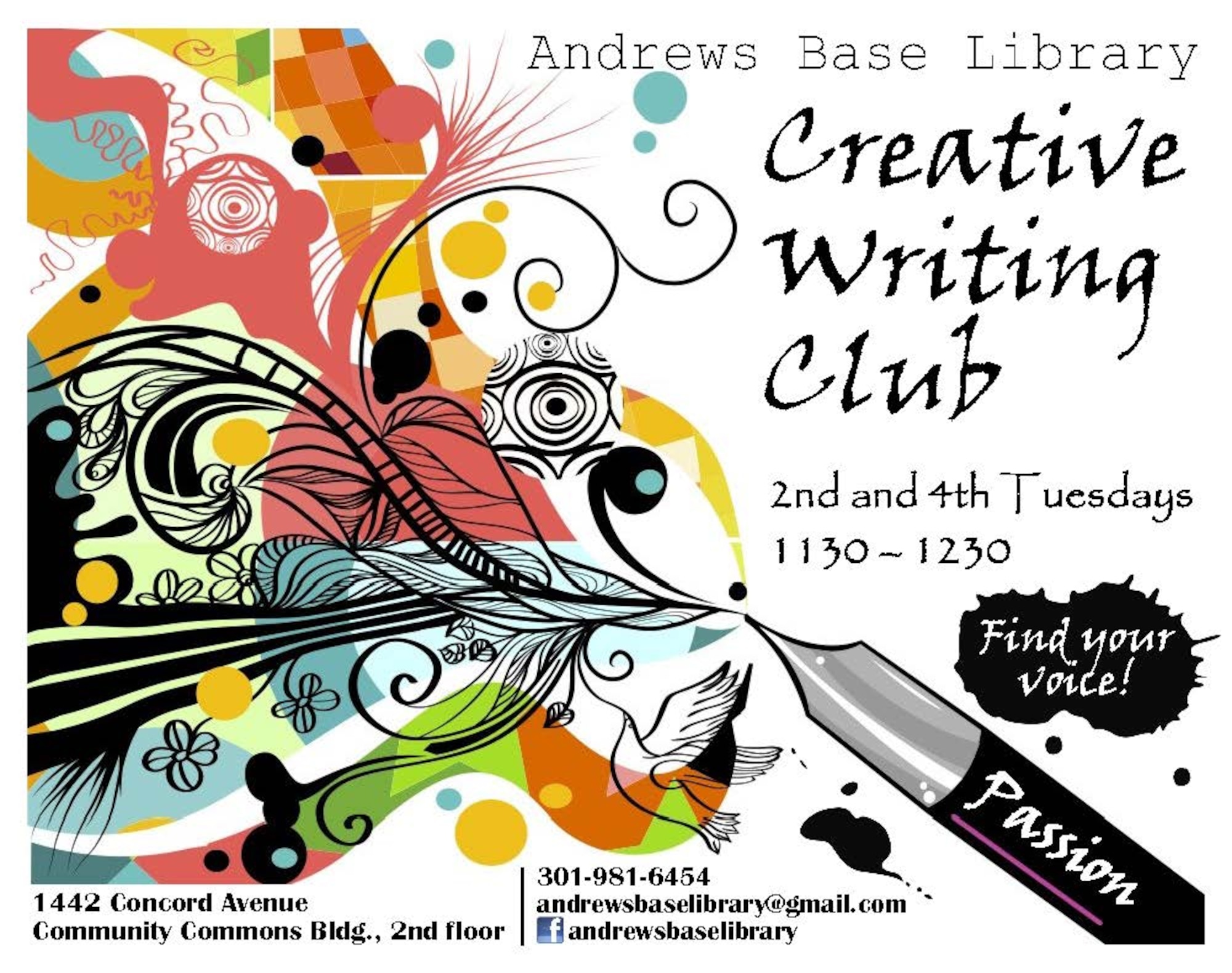 The creative writing club meetings take place on base on the second and fourth Tuesday of every month from 11:30 a.m. – 12:30 p.m. and are open to all.