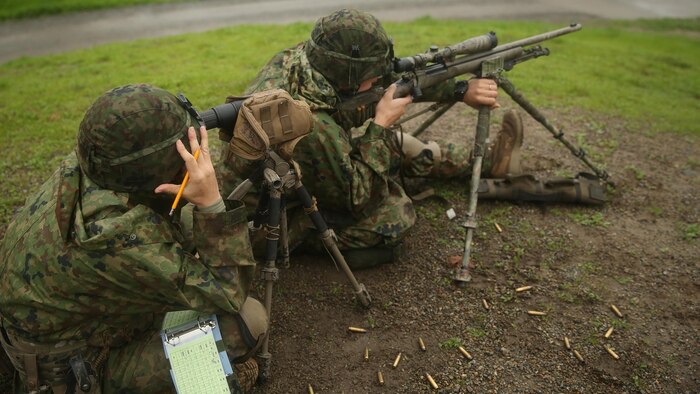 Soldiers with the Japanese Ground Self-Defense Force, Western Army Infantry Regiment, fire the M24 Sniper Rifle in pairs during a known distance range conducted by Marines with 1st Marine Division Schools ‘Pre-Scout Sniper Course’ during Exercise Iron Fist 2017, aboard Camp Pendleton, Feb. 7, 2017. The range consisted of firing the M24 Sniper Rifle in pairs, one as the spotter, the other shooting at targets from 100 to 550 meters away. Iron Fist is an annual, bilateral training exercise where U.S. and Japanese service members train together and share techniques, tactics and procedure to improve their combined operational capabilities. 