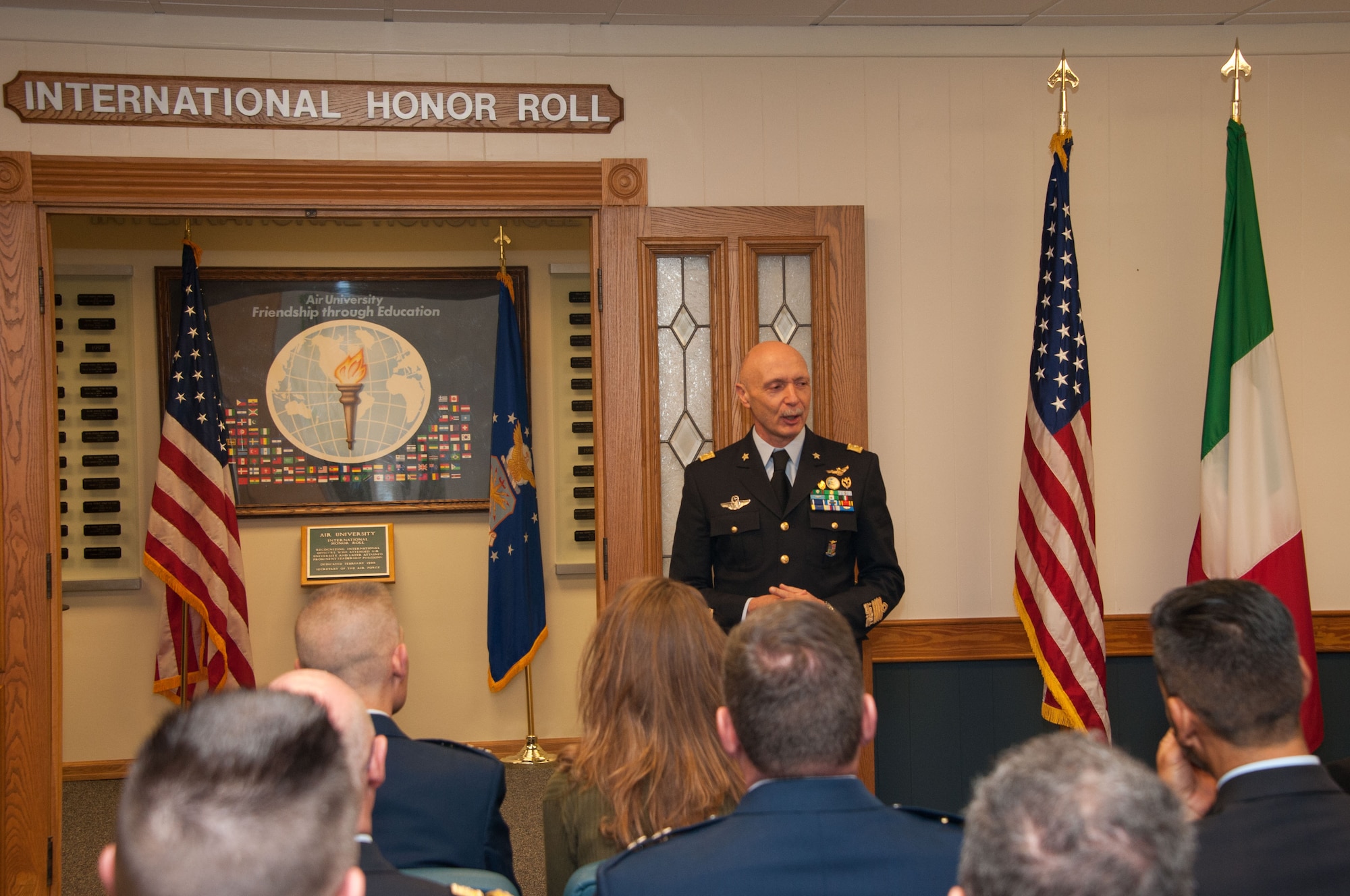 Lt. Gen. Enzo Vecciarelli, Chief of Staff of the Italian Air Force, speaks to attendees of the International Honor Roll Induction Ceremony during his inauguration into the IHR program on Maxwell Air Force Base, Ala., Feb. 10, 2017. Vecciarelli is one of more than 400 officers from 97 countries who have been inducted as of 2017. (US Air Force photo by Bud Hancock)