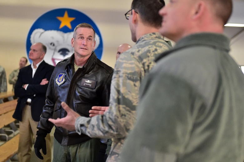 U.S. Air Force Gen. Terrence J. O'Shaughnessy, Pacific Air Forces commander, listens to a joint mission briefing about how Airmen and Soldiers work together at Joint Base Elmendorf- Richardson, Alaska, to maintain a power projection platform as he toured the base, Feb. 7, 2017. O’Shaughnessy toured various facilities throughout the installation to meet with Airmen and get a first-hand look at the broad spectrum of JBER mission sets. 