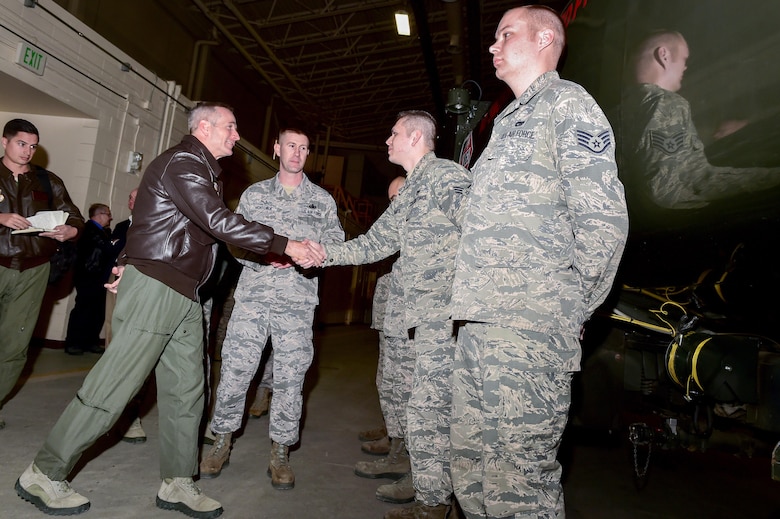U.S. Air Force Gen. Terrence J. O'Shaughnessy, Pacific Air Forces commander, left, shakes hands with Airmen assigned to the 773rd Logistics Readiness Squadron at the Joint Readiness Complex on Joint Base Elmendorf-Richardson, Alaska, as he toured the base, Feb. 7, 2017. O’Shaughnessy toured various facilities throughout the installation to meet with Airmen and get a first-hand look at the broad spectrum of JBER mission sets. 